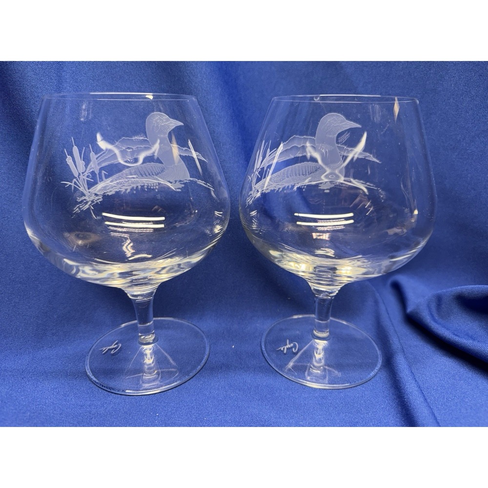 Pair COYLE Signed Crystal Brandy Snifters Loon Wildlife Etched Glasses 6.5" VTG - Picture 6 of 7